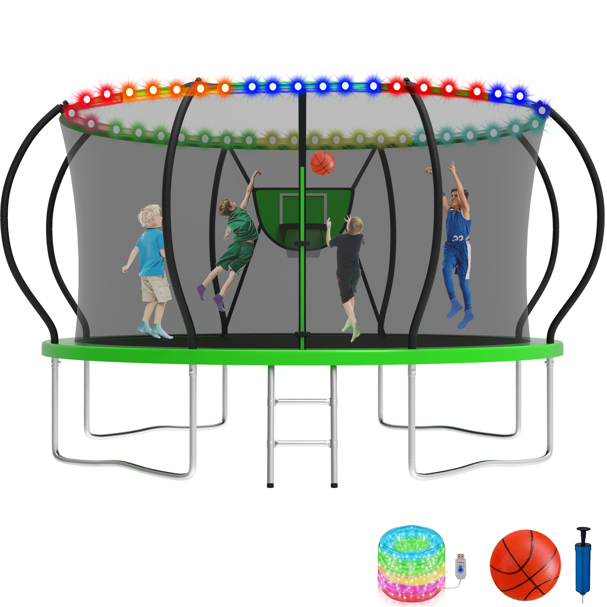 KOFUN 12FT Trampoline for Kids and Adults, Recreational Trampoline with Basketball Hoop and Ladder, Outdoor Backyard Trampoline with Enclosure Net, Light, 1200LBS Capacity, Easy to Install, Green