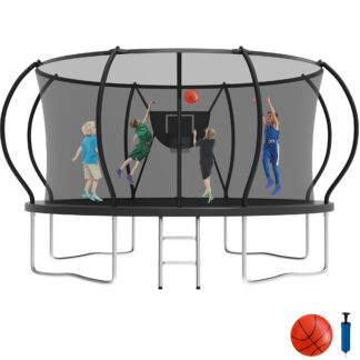 KOFUN 12FT Trampoline for Kids and Adults, Recreational Trampoline with Basketball Hoop and Ladder, Outdoor Backyard Trampoline with Enclosure Net, 1200LBS Capacity, Easy to Install, Black