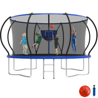 KOFUN 12FT Trampoline for Kids and Adults, Recreational Trampoline with Basketball Hoop and Ladder, Outdoor Backyard Trampoline with Enclosure Net, 1200LBS Capacity, Easy to Install, Blue