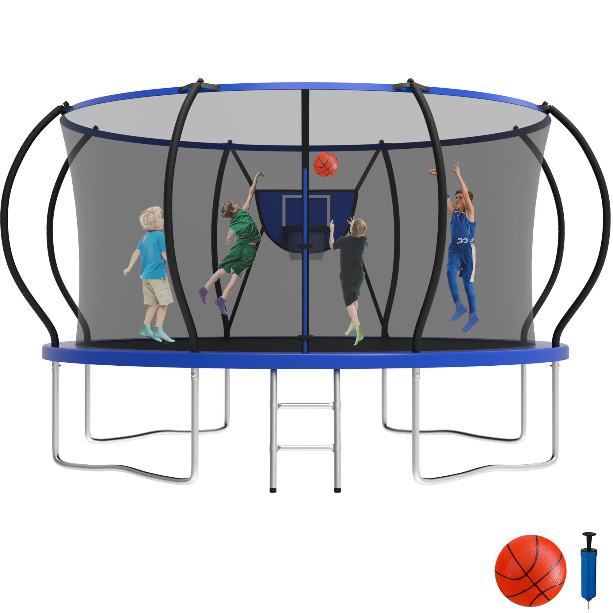 KOFUN 12FT Trampoline for Kids and Adults, Recreational Trampoline with Basketball Hoop and Ladder, Outdoor Backyard Trampoline with Enclosure Net, 1200LBS Capacity, Easy to Install, Blue