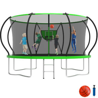 KOFUN 12FT Trampoline for Kids and Adults, Recreational Trampoline with Basketball Hoop and Ladder, Outdoor Backyard Trampoline with Enclosure Net, 1200LBS Capacity, Easy to Install, Green