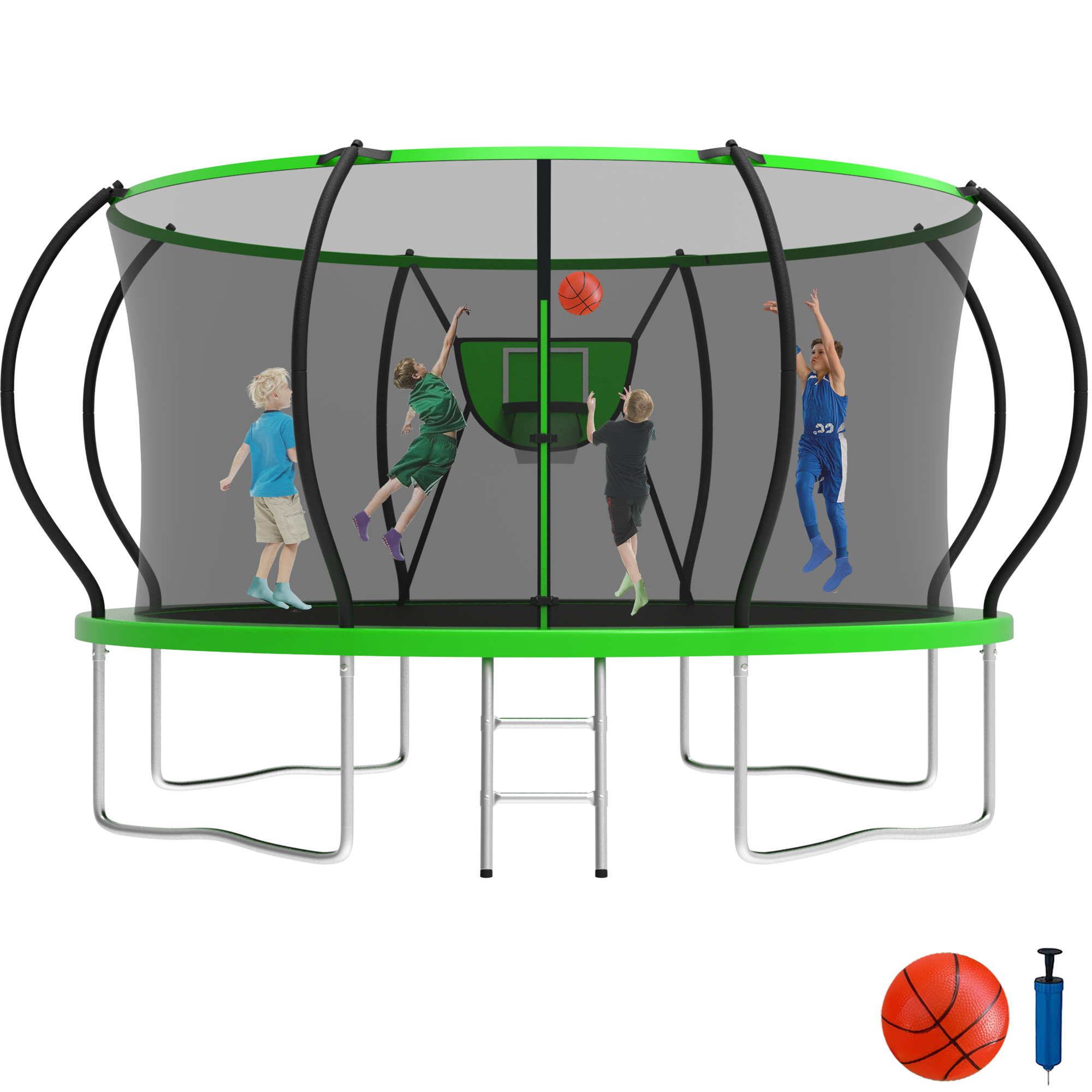 KOFUN 12FT Trampoline for Kids and Adults, Recreational Trampoline with Basketball Hoop and Ladder, Outdoor Backyard Trampoline with Enclosure Net, 1200LBS Capacity, Easy to Install, Green
