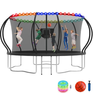 KOFUN 14FT Trampoline for Kids and Adults, Recreational Trampoline with Basketball Hoop and Ladder, Outdoor Backyard Trampoline with Enclosure Net, Light, 1400LBS Capacity, Easy to Install, Black