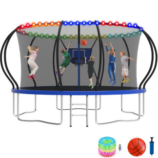 KOFUN 14FT Trampoline for Kids and Adults, Recreational Trampoline with Basketball Hoop and Ladder, Outdoor Backyard Trampoline with Enclosure Net, Light, 1400LBS Capacity, Easy to Install, Blue