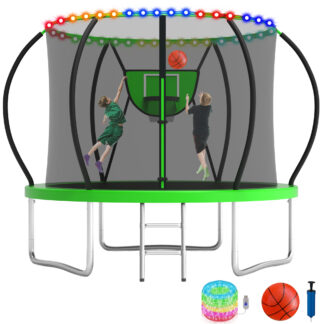 KOFUN 8FT Trampoline for Kids and Adults, Recreational Trampoline with Basketball Hoop and Ladder, Outdoor Backyard Trampoline with Enclosure Net, Light, 800LBS Capacity, Easy to Install, Green
