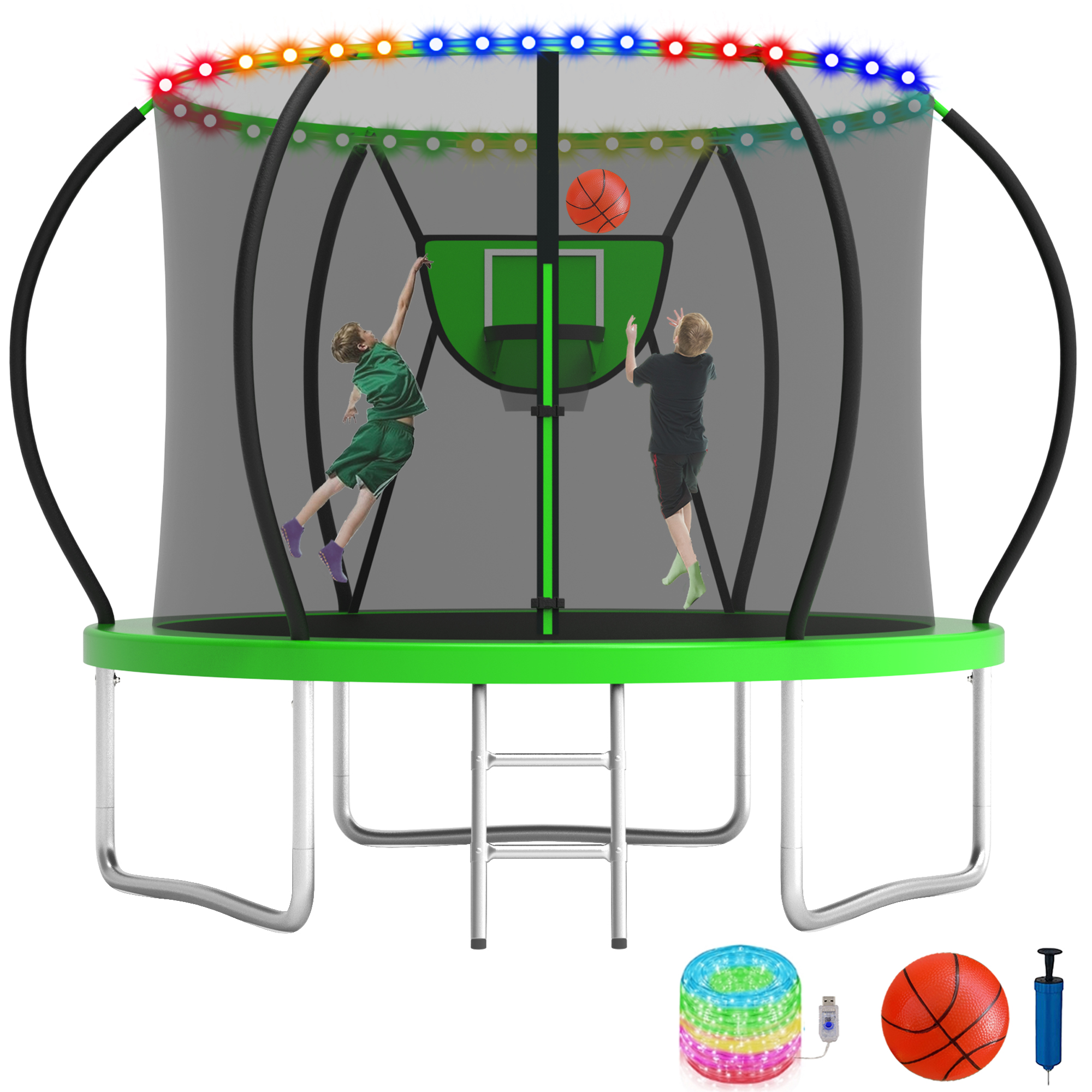 KOFUN 8FT Trampoline for Kids and Adults, Recreational Trampoline with Basketball Hoop and Ladder, Outdoor Backyard Trampoline with Enclosure Net, Light, 800LBS Capacity, Easy to Install, Green