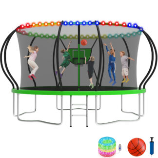 KOFUN 14FT Trampoline for Kids and Adults, Recreational Trampoline with Basketball Hoop and Ladder, Outdoor Backyard Trampoline with Enclosure Net, Light, 1400LBS Capacity, Easy to Install, Green