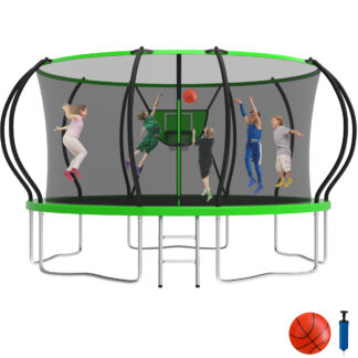 KOFUN 14FT Trampoline for Kids and Adults, Recreational Trampoline with Basketball Hoop and Ladder, Outdoor Backyard Trampoline with Enclosure Net, 1400LBS Capacity, Easy to Install, Green