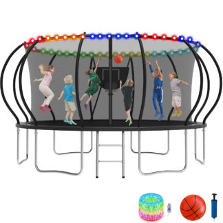 KOFUN 16FT Trampoline for Kids and Adults, Recreational Trampoline with Basketball Hoop and Ladder, Outdoor Backyard Trampoline with Enclosure Net, Light, 1500LBS Capacity, Easy to Install, Black