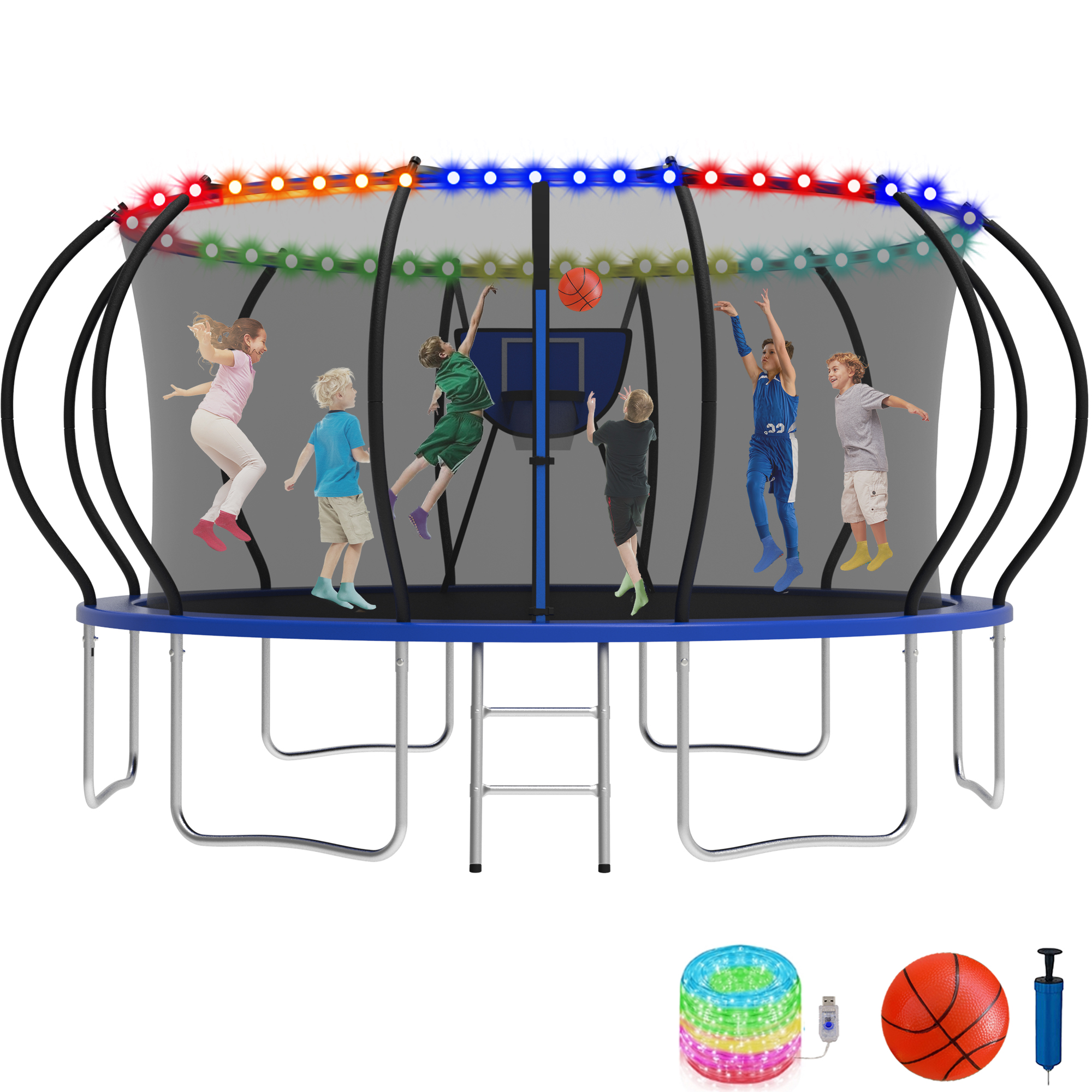 KOFUN 16FT Trampoline for Kids and Adults, Recreational Trampoline with Basketball Hoop and Ladder, Outdoor Backyard Trampoline with Enclosure Net, Light, 1600LBS Capacity, Easy to Install, Blue