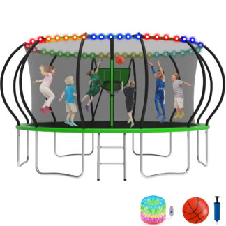 KOFUN 16FT Trampoline for Kids and Adults, Recreational Trampoline with Basketball Hoop and Ladder, Outdoor Backyard Trampoline with Enclosure Net, Light, 1500LBS Capacity, Easy to Install, Green