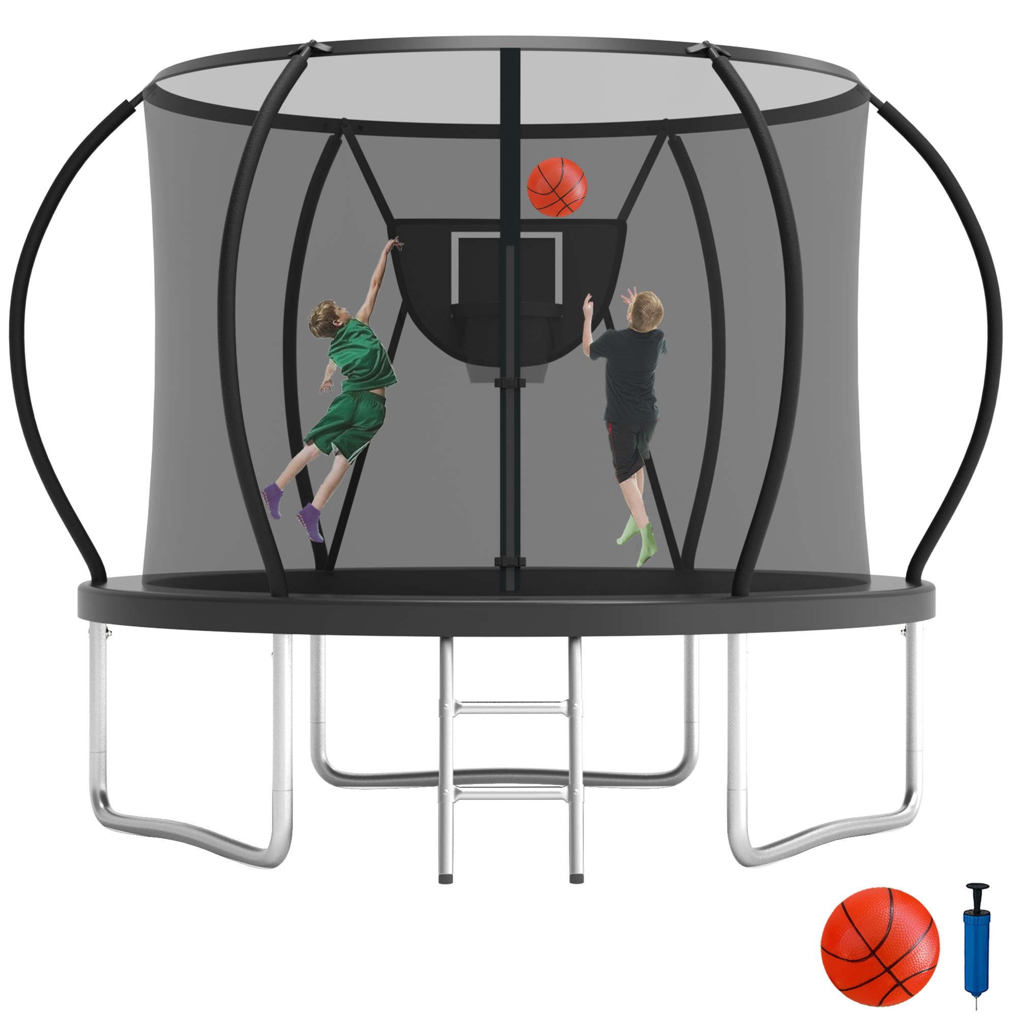 KOFUN 8FT Trampoline for Kids and Adults, Recreational Trampoline with Basketball Hoop and Ladder, Outdoor Backyard Trampoline with Enclosure Net, 800LBS Capacity, Easy to Install, Black