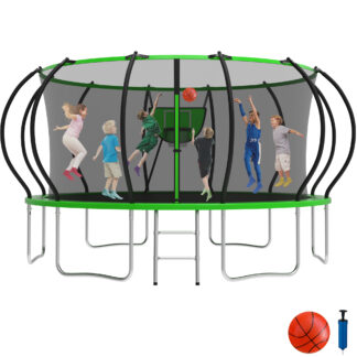 KOFUN 16FT Trampoline for Kids and Adults, Recreational Trampoline with Basketball Hoop and Ladder, Outdoor Backyard Trampoline with Enclosure Net, 1500LBS Capacity, Easy to Install, Green
