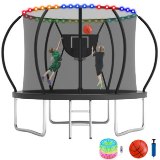 KOFUN 8FT Trampoline for Kids and Adults, Recreational Trampoline with Basketball Hoop and Ladder, Outdoor Backyard Trampoline with Enclosure Net, Light, 800LBS Capacity, Easy to Install, Black