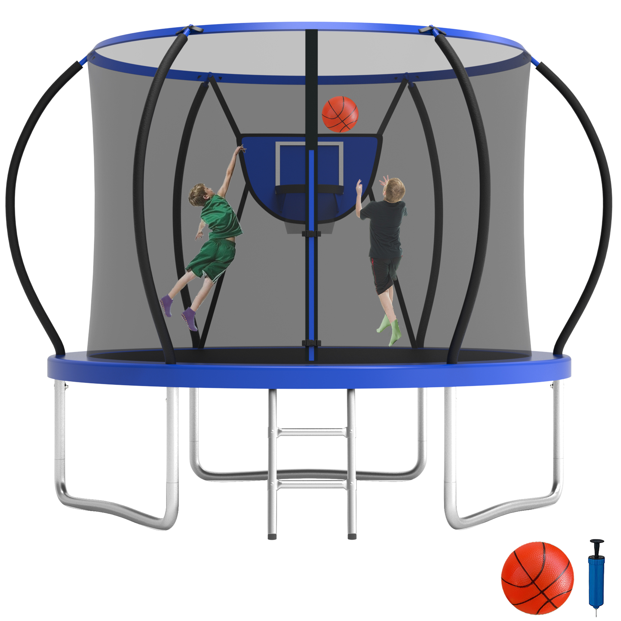 KOFUN 8FT Trampoline for Kids and Adults, Recreational Trampoline with Basketball Hoop and Ladder, Outdoor Backyard Trampoline with Enclosure Net, 800LBS Capacity, Easy to Install, Blue