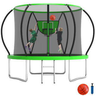 KOFUN 8FT Trampoline for Kids and Adults, Recreational Trampoline with Basketball Hoop and Ladder, Outdoor Backyard Trampoline with Enclosure Net, 800LBS Capacity, Easy to Install, Green
