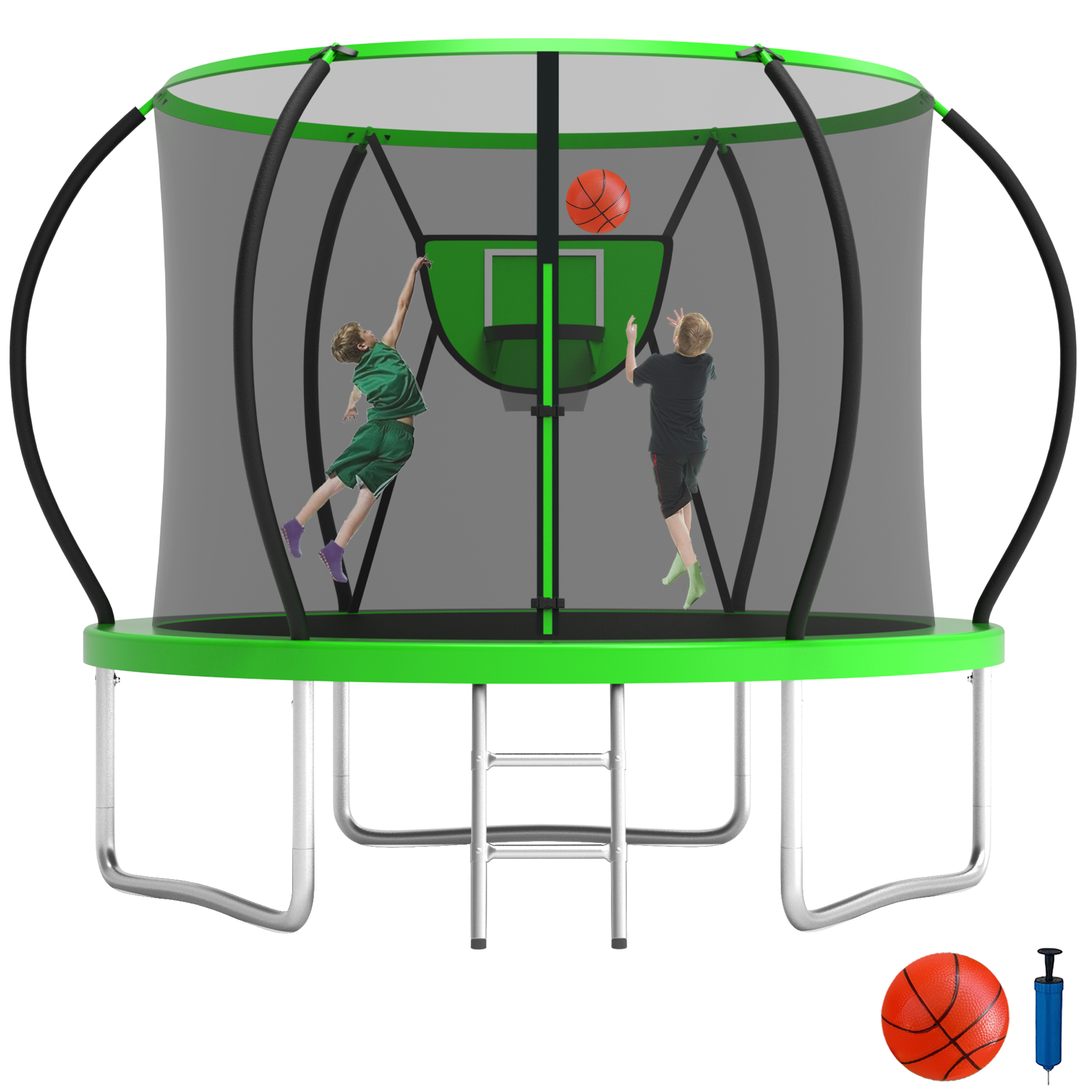 KOFUN 8FT Trampoline for Kids and Adults, Recreational Trampoline with Basketball Hoop and Ladder, Outdoor Backyard Trampoline with Enclosure Net, 800LBS Capacity, Easy to Install, Green