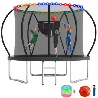 KOFUN 10FT Trampoline for Kids and Adults, Recreational Trampoline with Basketball Hoop and Ladder, Outdoor Backyard Trampoline with Enclosure Net, Light, 1000LBS Capacity, Easy to Install, Black