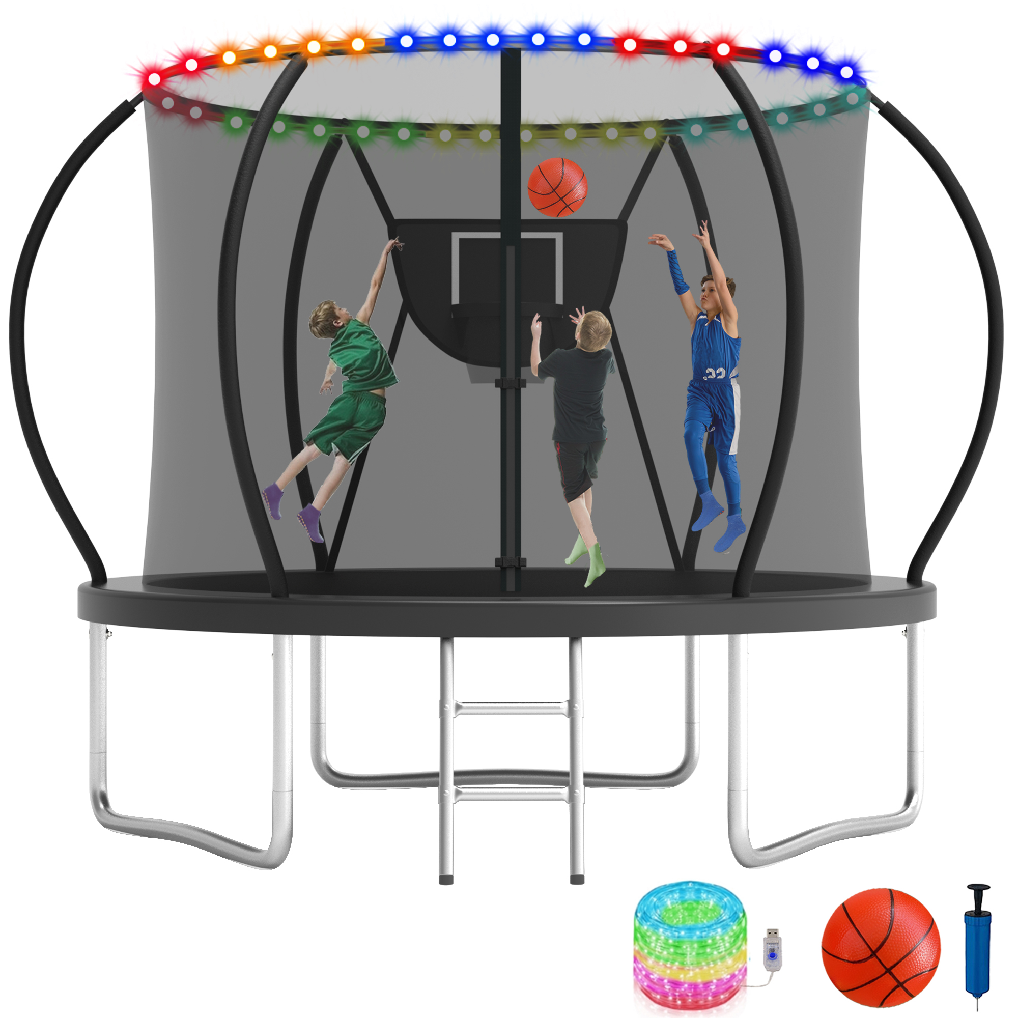 KOFUN 10FT Trampoline for Kids and Adults, Recreational Trampoline with Basketball Hoop and Ladder, Outdoor Backyard Trampoline with Enclosure Net, Light, 1000LBS Capacity, Easy to Install, Black