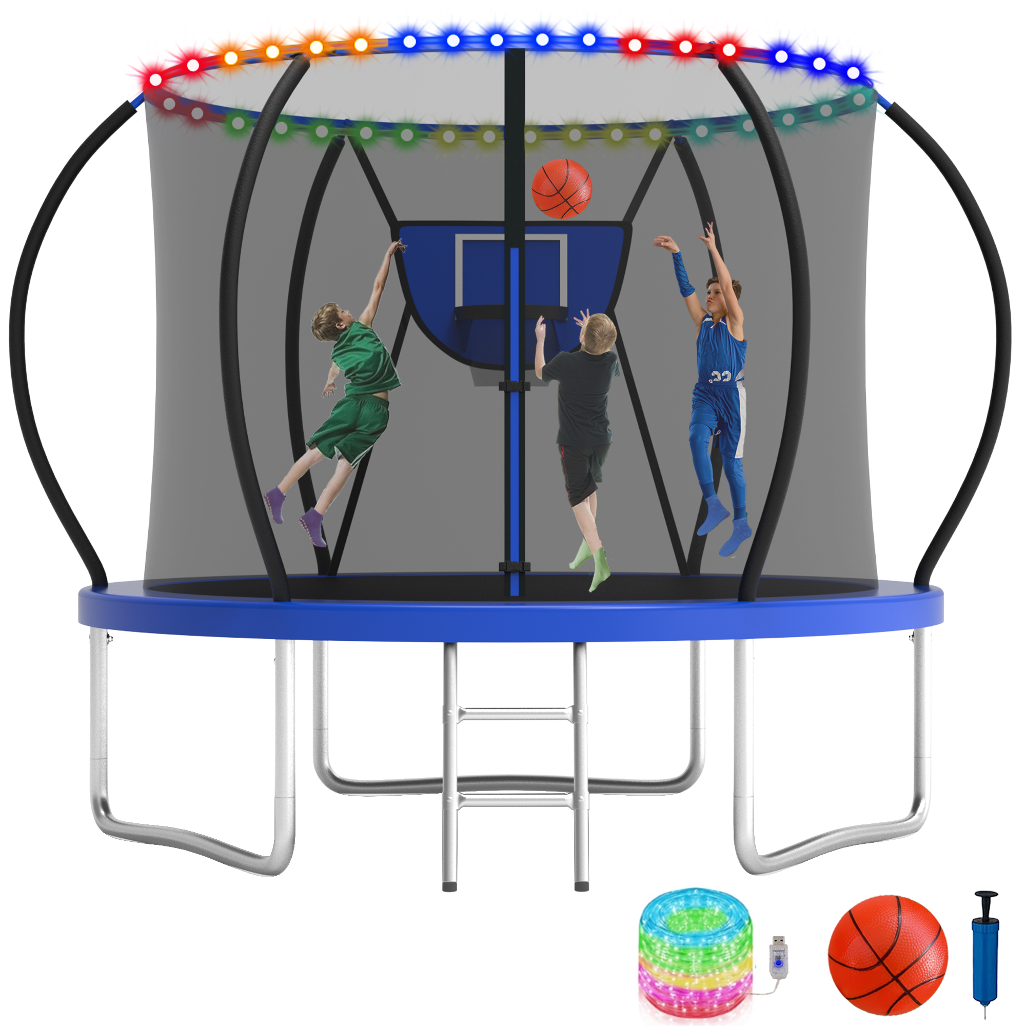 KOFUN 10FT Trampoline for Kids and Adults, Recreational Trampoline with Basketball Hoop and Ladder, Outdoor Backyard Trampoline with Enclosure Net, Light, 1000LBS Capacity, Easy to Install, Blue