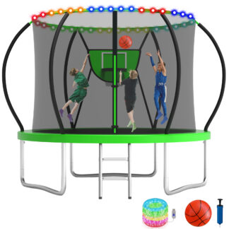 KOFUN 10FT Trampoline for Kids and Adults, Recreational Trampoline with Basketball Hoop and Ladder, Outdoor Backyard Trampoline with Enclosure Net, Light, 1000LBS Capacity, Easy to Install, Green