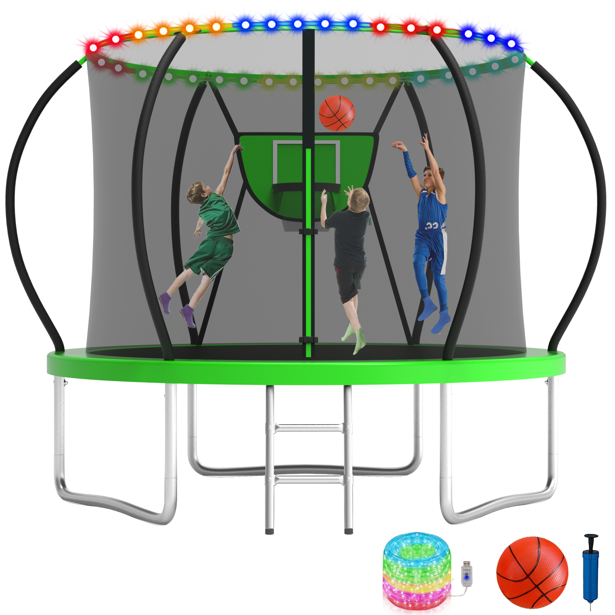 KOFUN 10FT Trampoline for Kids and Adults, Recreational Trampoline with Basketball Hoop and Ladder, Outdoor Backyard Trampoline with Enclosure Net, Light, 1000LBS Capacity, Easy to Install, Green