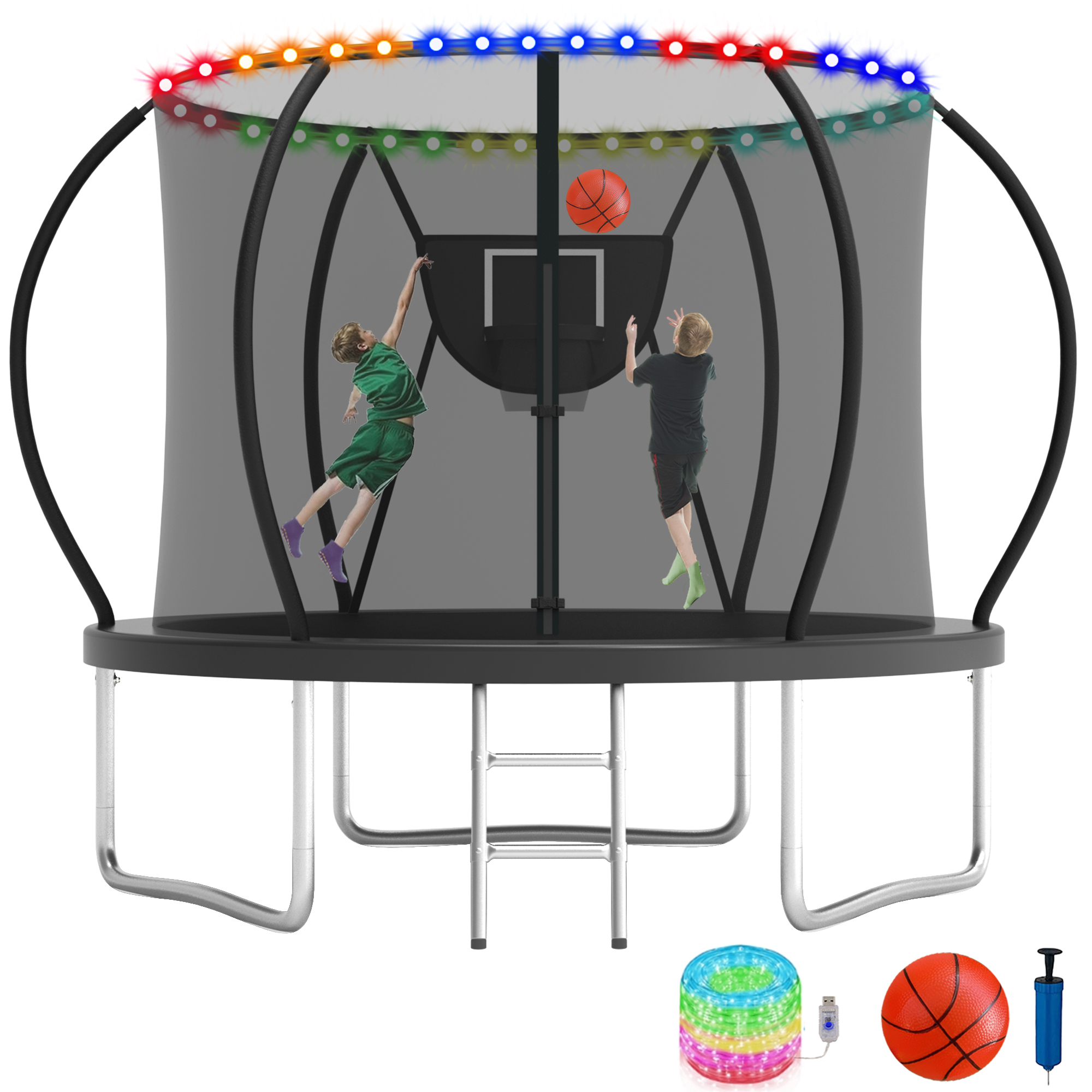 KOFUN 8FT Trampoline for Kids and Adults, Recreational Trampoline with Basketball Hoop and Ladder, Outdoor Backyard Trampoline with Enclosure Net, Light, 800LBS Capacity, Easy to Install, Black