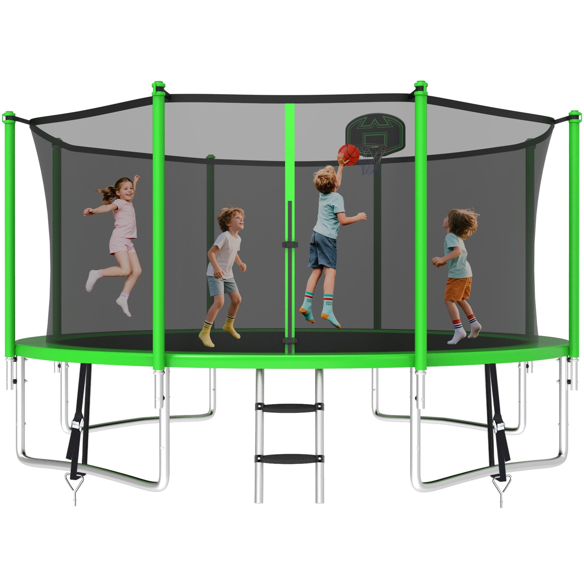 KOFUN 1200LBS 12FT Trampoline for Kids and Adults Outdoor Backyard Trampoline with Safety Enclosure Net, Basketball Hoop, 4 Anchor Kits, Ladder, A Ball, Green