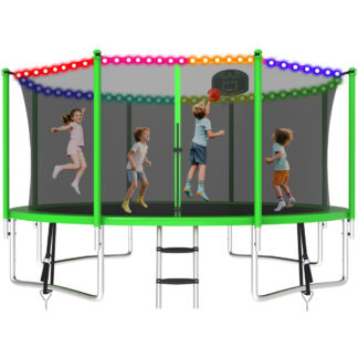 KOFUN 1200LBS 12FT Trampoline with Light, Heavy Duty Trampoline for Kids and Adults, Backyard Trampoline with Safety Enclosure Net, Basketball Hoop, 4 Anchor Kits, Ladder, A Ball, Green