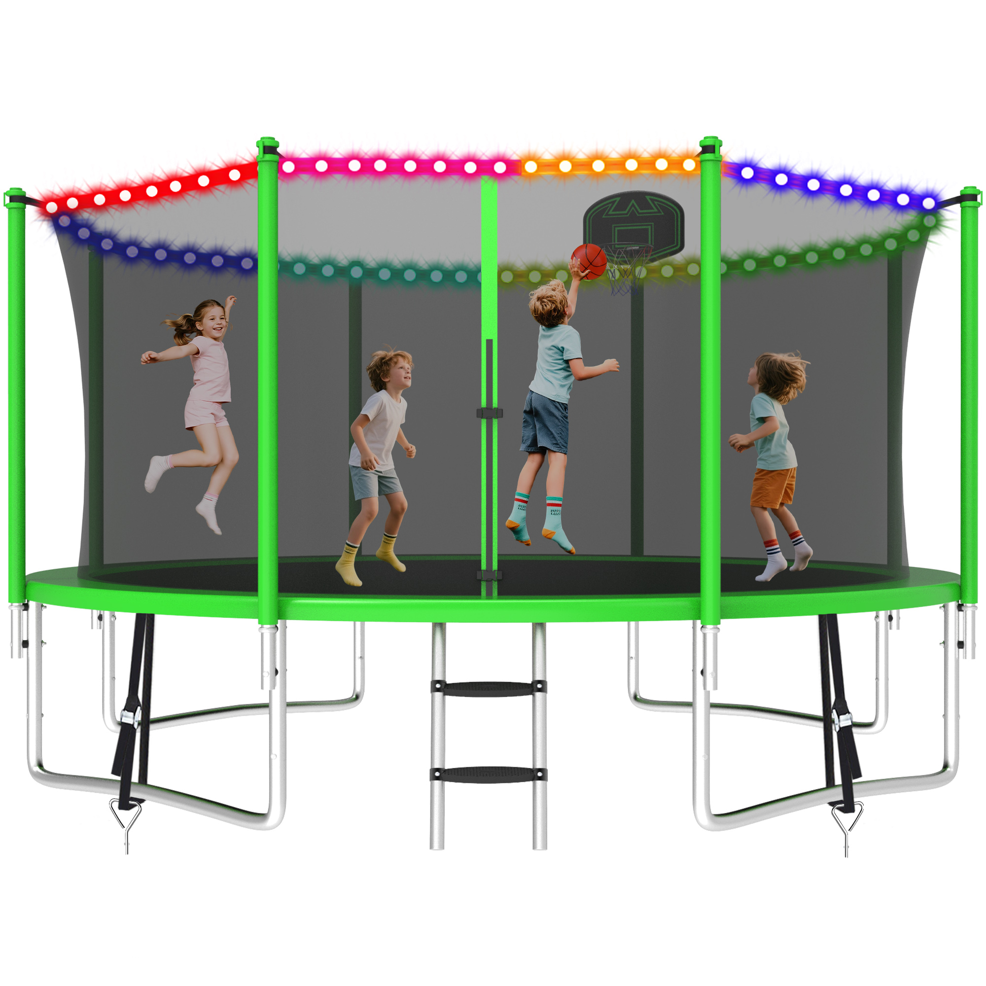 KOFUN 1200LBS 12FT Trampoline with Light, Heavy Duty Trampoline for Kids and Adults, Backyard Trampoline with Safety Enclosure Net, Basketball Hoop, 4 Anchor Kits, Ladder, A Ball, Green