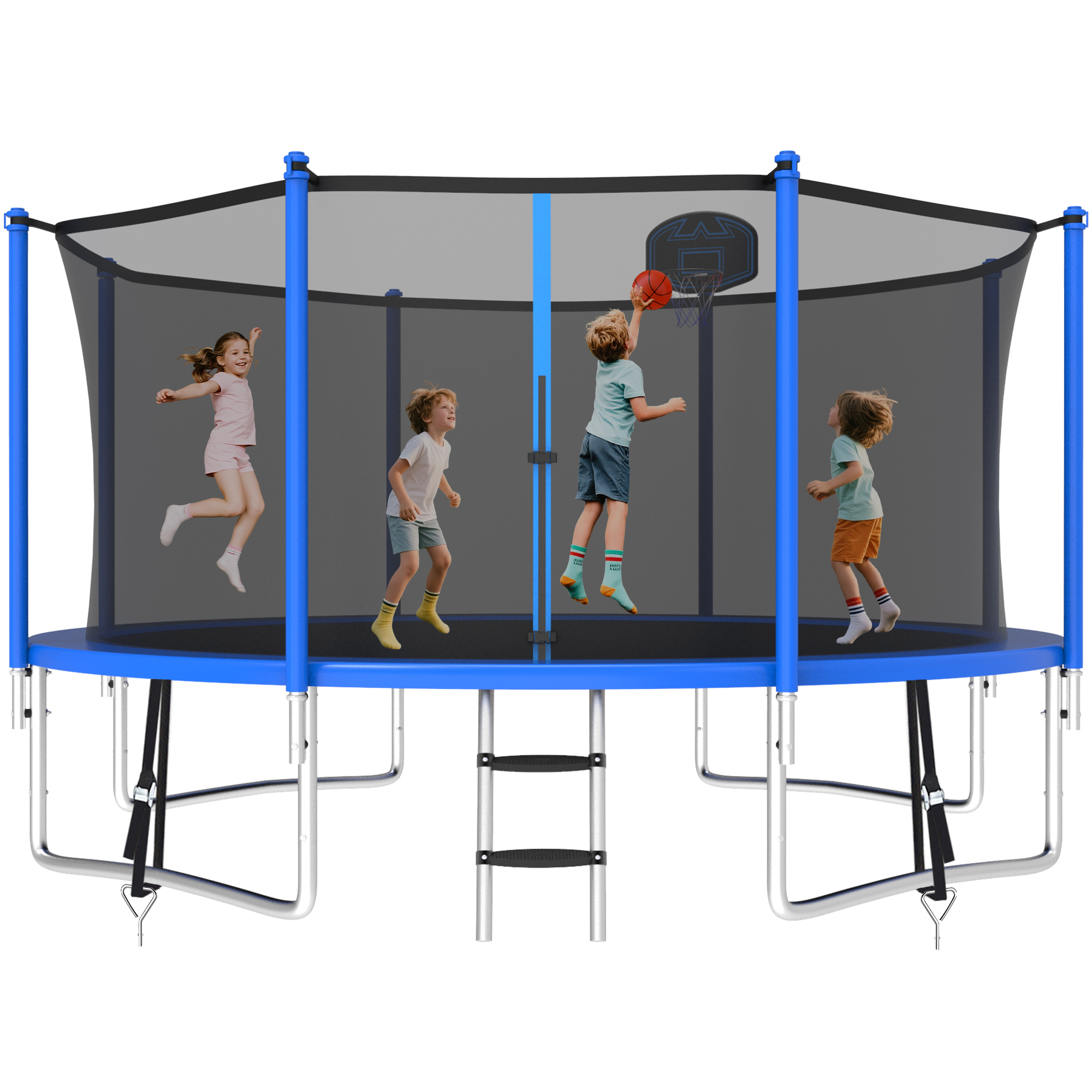 KOFUN 1200LBS 12FT Trampoline for Kids and Adults Outdoor Backyard Trampoline with Safety Enclosure Net, Basketball Hoop, 4 Anchor Kits, Ladder, A Ball, Blue