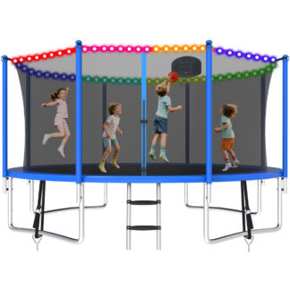 KOFUN 1200LBS 12FT Trampoline with Light, Heavy Duty Trampoline for Kids and Adults, Backyard Trampoline with Safety Enclosure Net, Basketball Hoop, 4 Anchor Kits, Ladder, A Ball, Blue