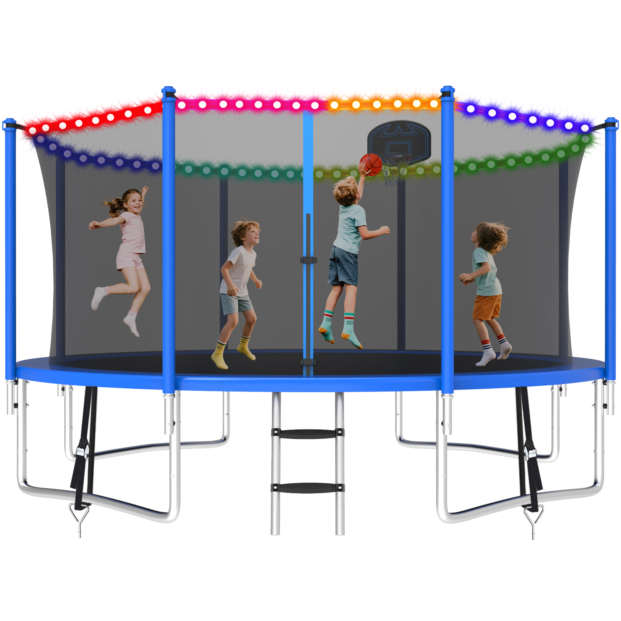 KOFUN 1200LBS 12FT Trampoline with Light, Heavy Duty Trampoline for Kids and Adults, Backyard Trampoline with Safety Enclosure Net, Basketball Hoop, 4 Anchor Kits, Ladder, A Ball, Blue