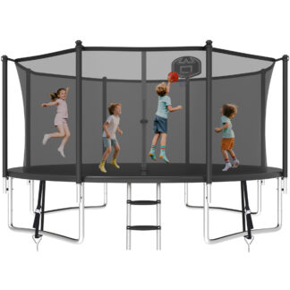 KOFUN 1200LBS 12FT Trampoline for Kids and Adults Outdoor Backyard Trampoline with Safety Enclosure Net, Basketball Hoop, 4 Anchor Kits, Ladder, A Ball, Black