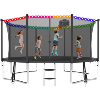 KOFUN 1200LBS 12FT Trampoline with Light, Heavy Duty Trampoline for Kids and Adults, Backyard Trampoline with Safety Enclosure Net, Basketball Hoop, 4 Anchor Kits, Ladder, A Ball, Black