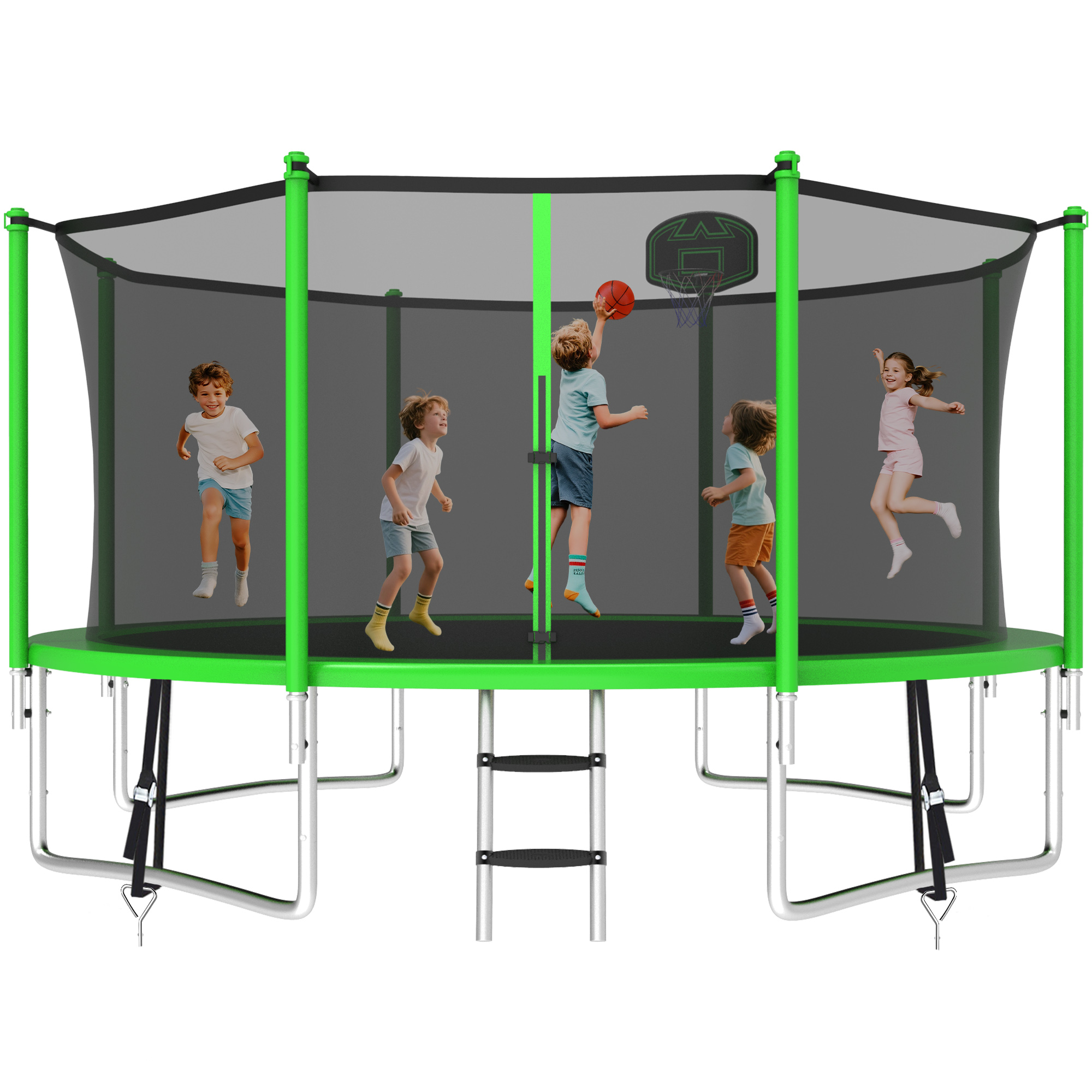 KOFUN 1400LBS 14FT Trampoline for Kids and Adults Outdoor Backyard Trampoline with Safety Enclosure Net, Basketball Hoop, 4 Anchor Kits, Ladder, A Ball, Green