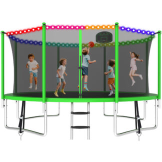 KOFUN 1400LBS 14FT Trampoline with Light, Heavy Duty Trampoline for Kids and Adults, Backyard Trampoline with Safety Enclosure Net, Basketball Hoop, 4 Anchor Kits, Ladder, A Ball, Green