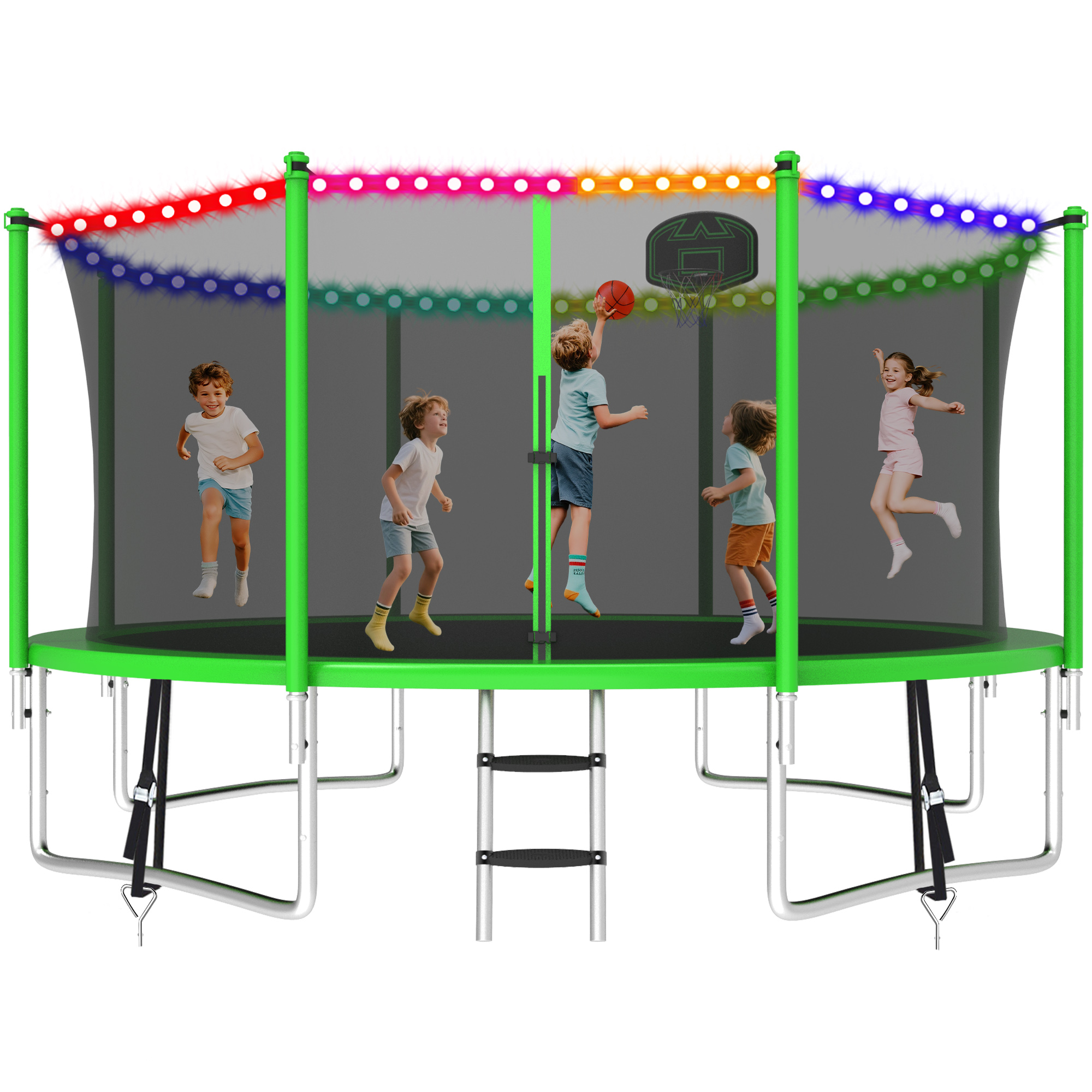 KOFUN 1400LBS 14FT Trampoline with Light, Heavy Duty Trampoline for Kids and Adults, Backyard Trampoline with Safety Enclosure Net, Basketball Hoop, 4 Anchor Kits, Ladder, A Ball, Green