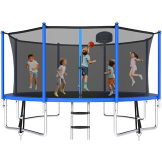 KOFUN 1400LBS 14FT Trampoline for Kids and Adults Outdoor Backyard Trampoline with Safety Enclosure Net, Basketball Hoop, 4 Anchor Kits, Ladder, A Ball, Blue