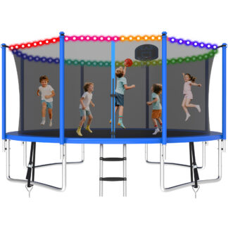 KOFUN 1400LBS 14FT Trampoline with Light, Heavy Duty Trampoline for Kids and Adults, Backyard Trampoline with Safety Enclosure Net, Basketball Hoop, 4 Anchor Kits, Ladder, A Ball, Blue