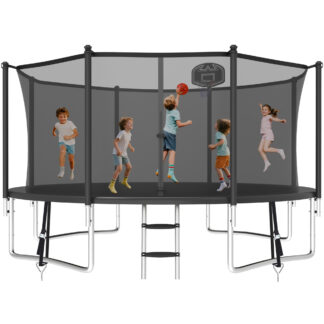 KOFUN 1400LBS 14FT Trampoline for Kids and Adults Outdoor Backyard Trampoline with Safety Enclosure Net, Basketball Hoop, 4 Anchor Kits, Ladder, A Ball, Black
