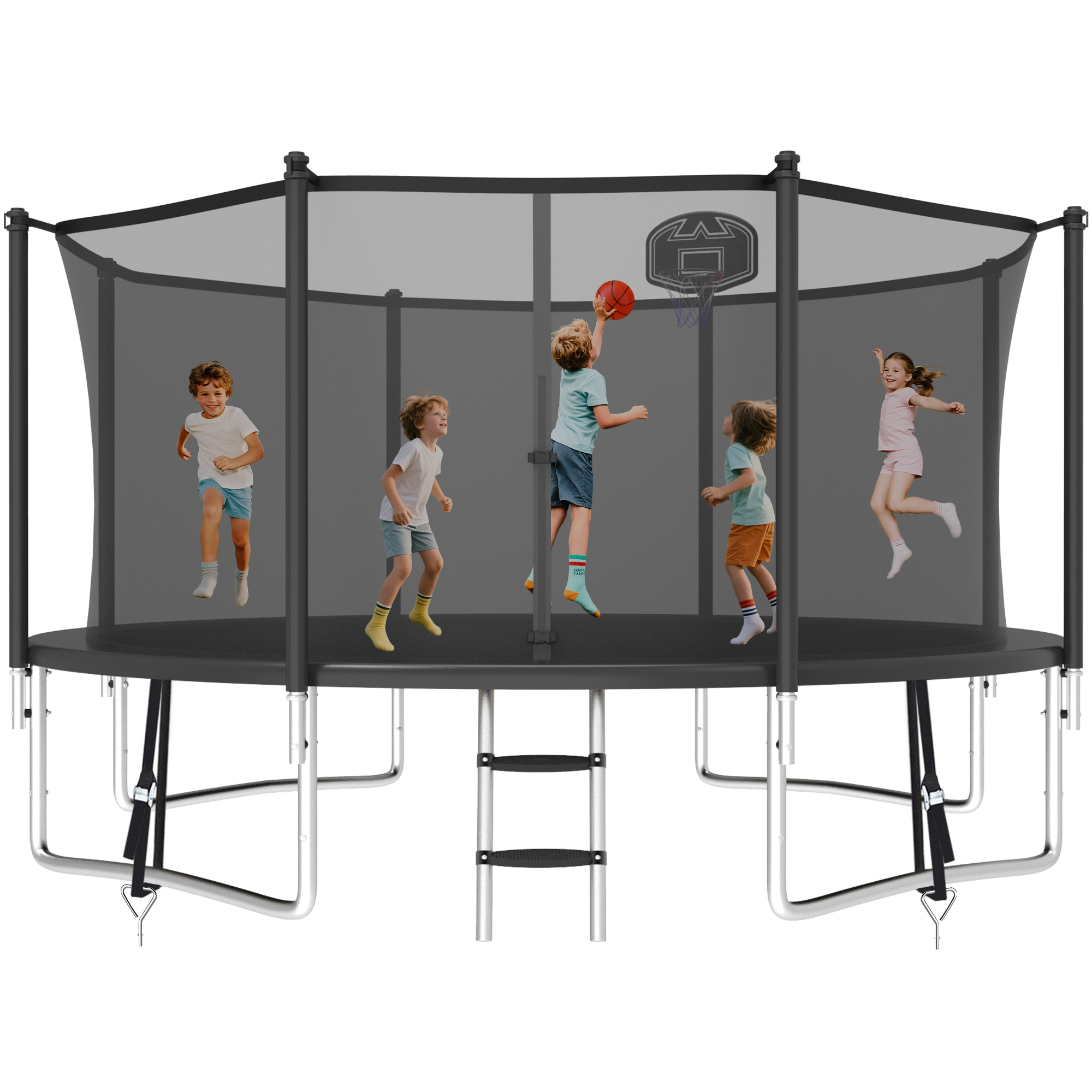 KOFUN 1400LBS 14FT Trampoline for Kids and Adults Outdoor Backyard Trampoline with Safety Enclosure Net, Basketball Hoop, 4 Anchor Kits, Ladder, A Ball, Black