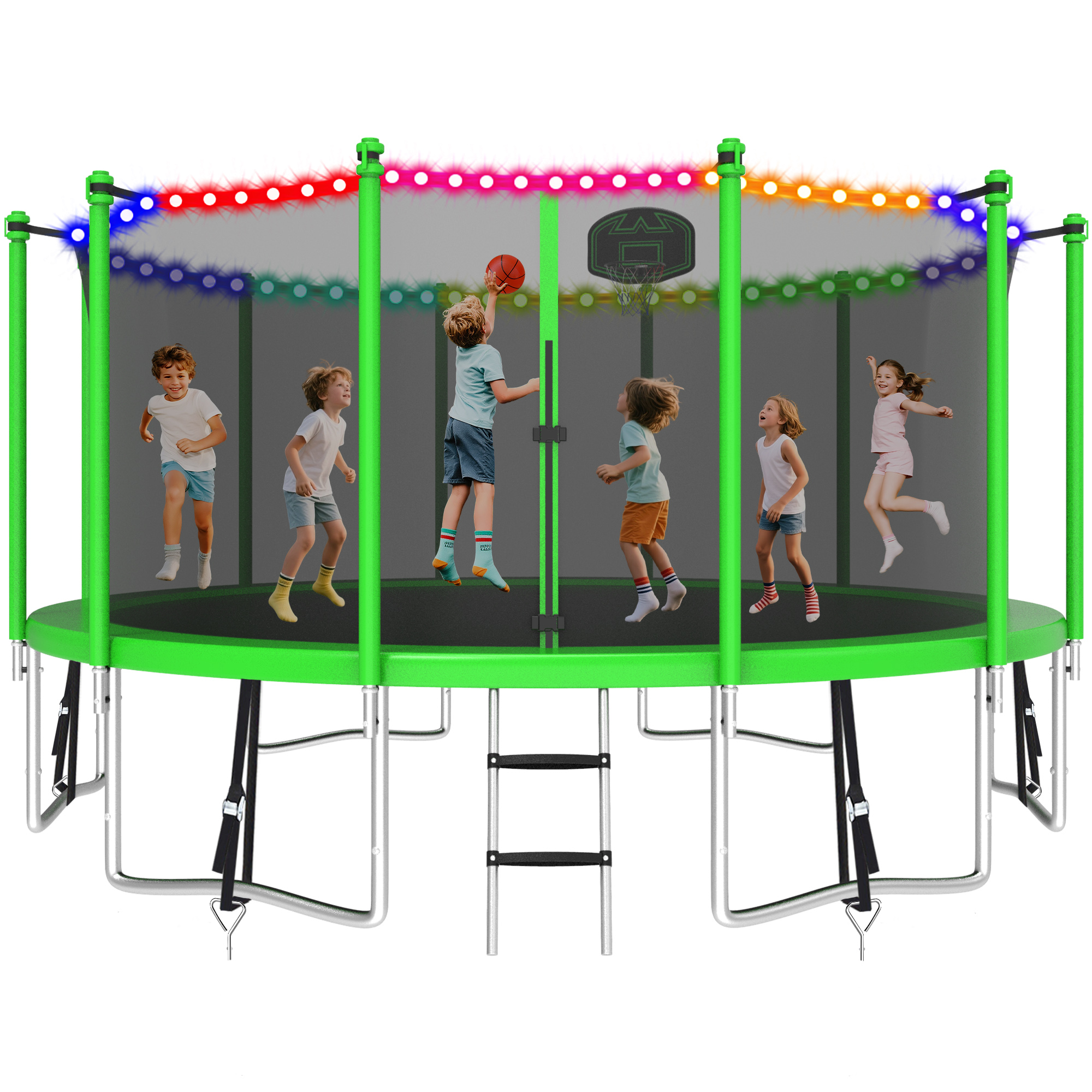 KOFUN 1500LBS 15FT Trampoline with Light, Heavy Duty Trampoline for Kids and Adults, Backyard Trampoline with Safety Enclosure Net, Basketball Hoop, 4 Anchor Kits, Ladder, A Ball, Green