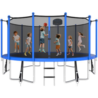 KOFUN 1500LBS 15FT Trampoline for Kids and Adults Outdoor Backyard Trampoline with Safety Enclosure Net, Basketball Hoop, 4 Anchor Kits, Ladder, A Ball, Blue