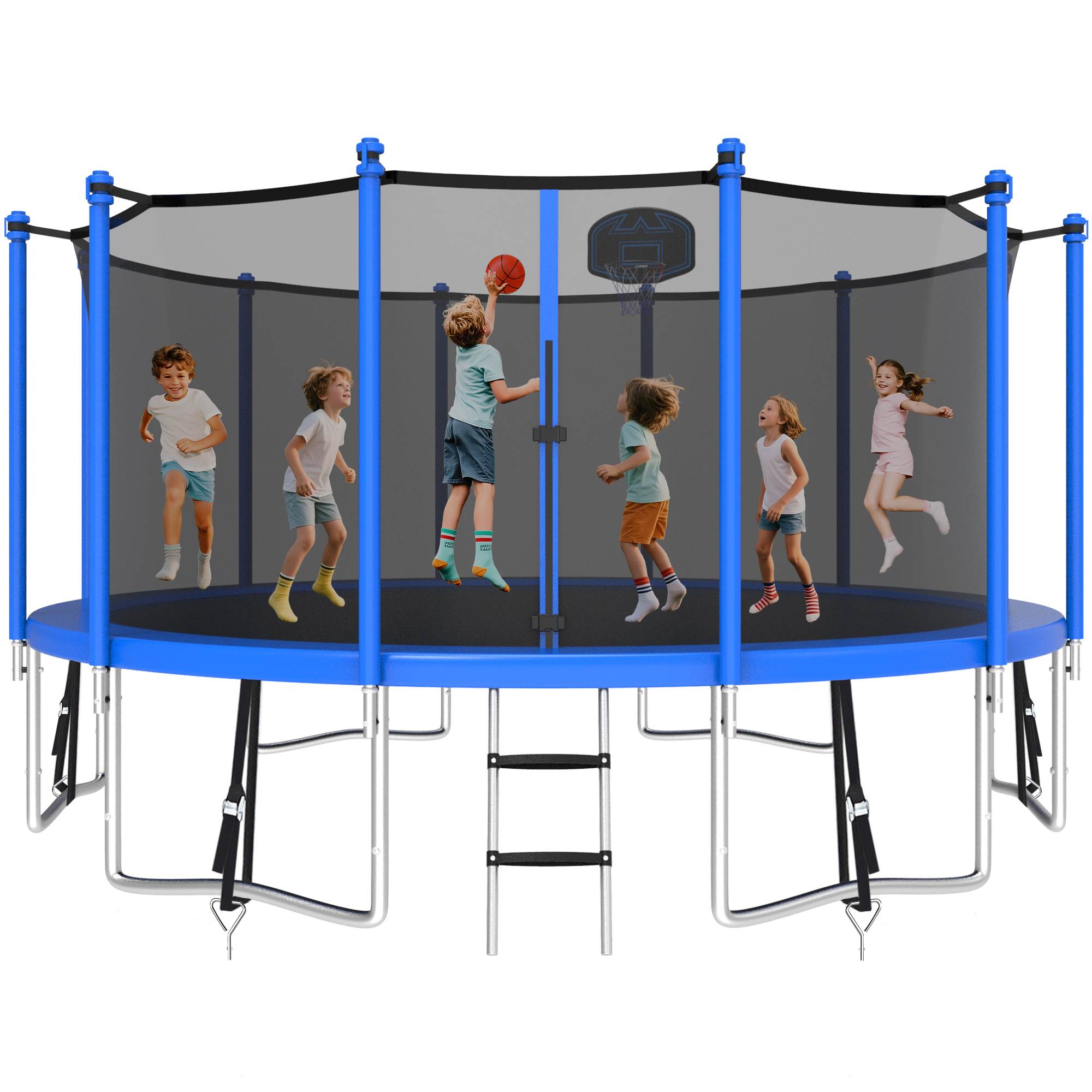 KOFUN 1500LBS 15FT Trampoline for Kids and Adults Outdoor Backyard Trampoline with Safety Enclosure Net, Basketball Hoop, 4 Anchor Kits, Ladder, A Ball, Blue