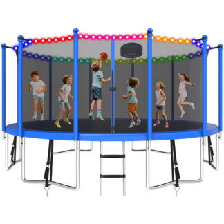 KOFUN 1500LBS 15FT Trampoline with Light, Heavy Duty Trampoline for Kids and Adults, Backyard Trampoline with Safety Enclosure Net, Basketball Hoop, 4 Anchor Kits, Ladder, A Ball, Blue