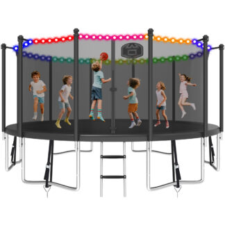 KOFUN 1500LBS 15FT Trampoline with Light, Heavy Duty Trampoline for Kids and Adults, Backyard Trampoline with Safety Enclosure Net, Basketball Hoop, 4 Anchor Kits, Ladder, A Ball, Black
