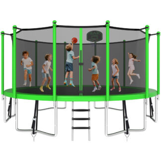 KOFUN 1500LBS 16FT Trampoline for Kids and Adults Outdoor Backyard Trampoline with Safety Enclosure Net, Basketball Hoop, 4 Anchor Kits, Ladder, A Ball, Green