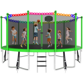 KOFUN 1500LBS 16FT Trampoline with Light, Heavy Duty Trampoline for Kids and Adults, Backyard Trampoline with Safety Enclosure Net, Basketball Hoop, 4 Anchor Kits, Ladder, A Ball, Green