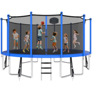 KOFUN 1500LBS 16FT Trampoline for Kids and Adults Outdoor Backyard Trampoline with Safety Enclosure Net, Basketball Hoop, 4 Anchor Kits, Ladder, A Ball, Blue